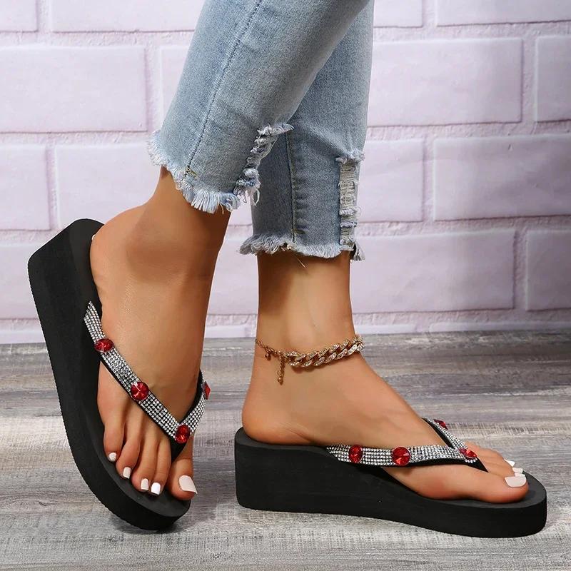 Fashion Women Shoes Rhinestone Sequins Decro Flip Flops for Women Fashion Wedge Platform Sandals Woman Out Wear Light Non-Slip Slippers