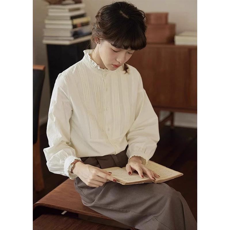 Women's French Retro Ruffle Collar Long Sleeve Shirt for Autumn/Winter