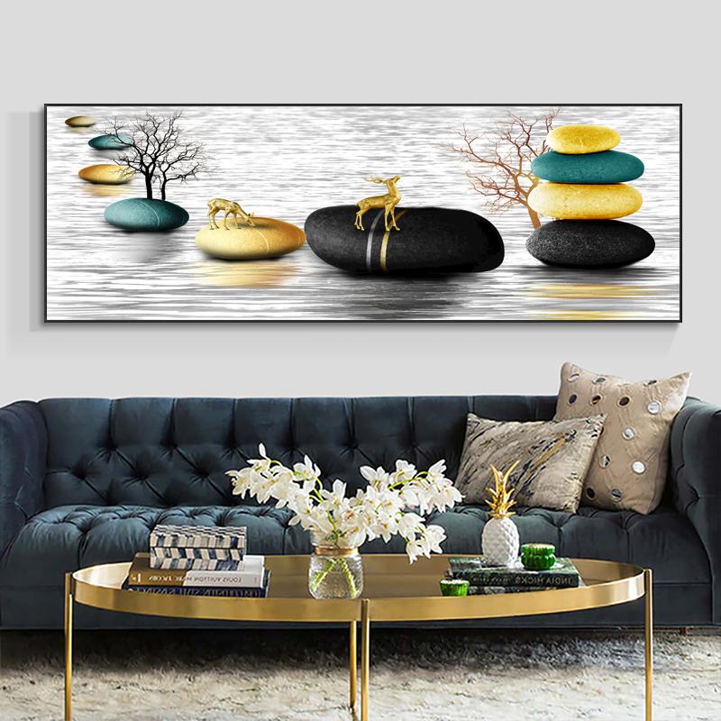 Abstract Golden Lucky Stone Posters and Prints Modern Canvas Painting Wall Art Pictures for Living Room Deer Home Decor No Frame