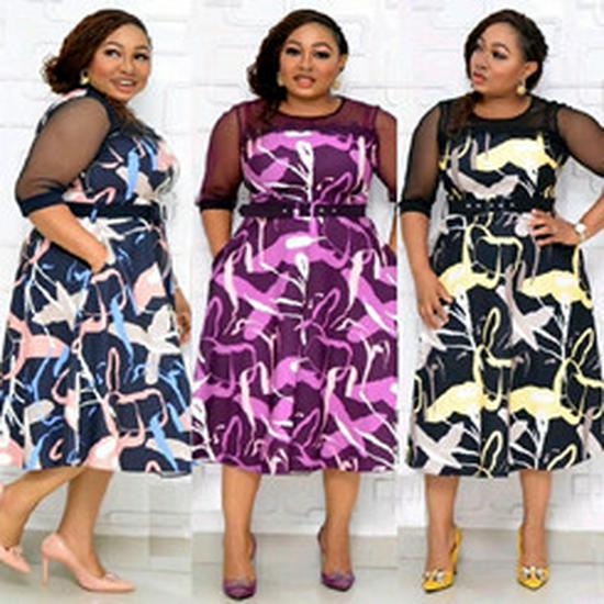 6XL African Plus Size Women's Three-Quarter Sleeve Round Neck Print Dress