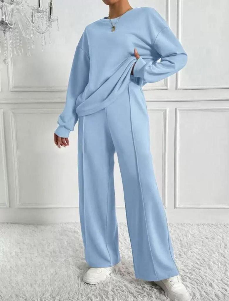 Trendy Solid Color Long Sleeve Round Neck Two-Piece Set for Women