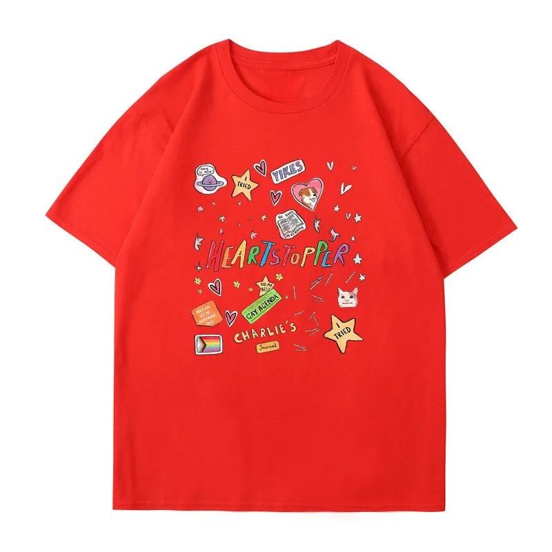T-shirt Bianca Trendy Heartstopper con Fantasie Colorate e Testo Manica Corta T-shirt Uomo Donna Casual Vintage