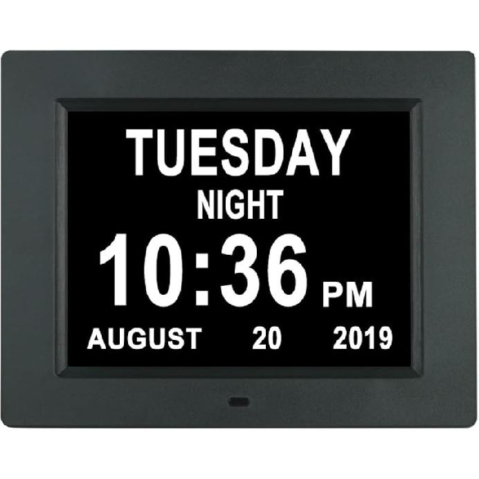 [Upgraded 10 Inch] Digital Day Calendar Clock Auto-Diming & 8 Alarms Options Extra Large Date Time Non-Abbreviations Dementia Impaired Vision Senior