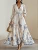 Women's Floral Print V-Neck Long Sleeve Maxi Dress with Belt, Elegant Ruffled Hem A-Line Dress