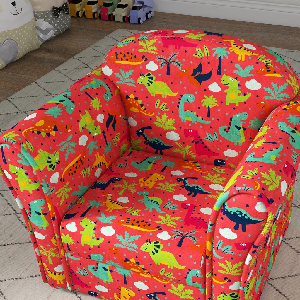 Kids Armchair with Dinosaur Design, Wooden Frame, for Bedroom, Playroom, Kids Room - Red