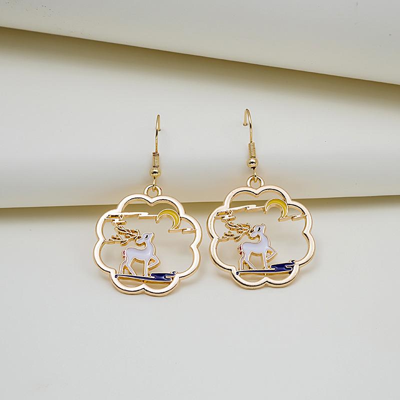 Chinese National Style Koi & Deer Moon Rabbit Colorful Cartoon Ear Hook Earrings
