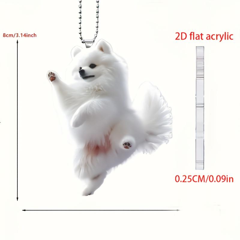 Cute White Pomeranian Dog Running Dancing 2D Acrylic Pendant Car Rearview Mirror Backpack Pet Accessory Dog Lover Gifts