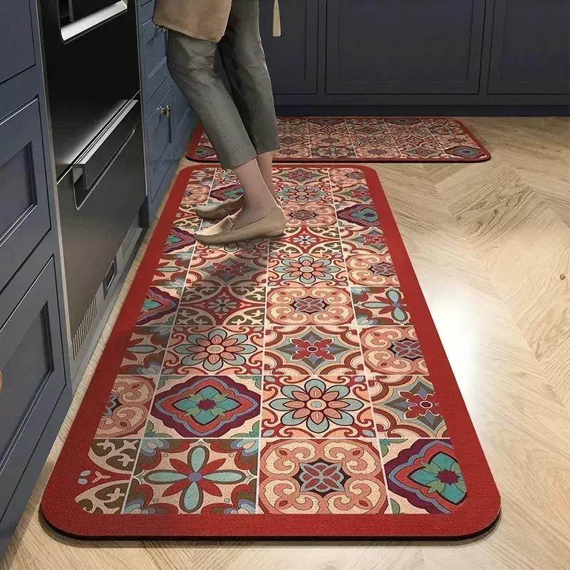 Non-slip PVC Kitchen Floor Mat Waterproof Oil-proof Leather Rug American Retro Home Decoration Long Foot Mats