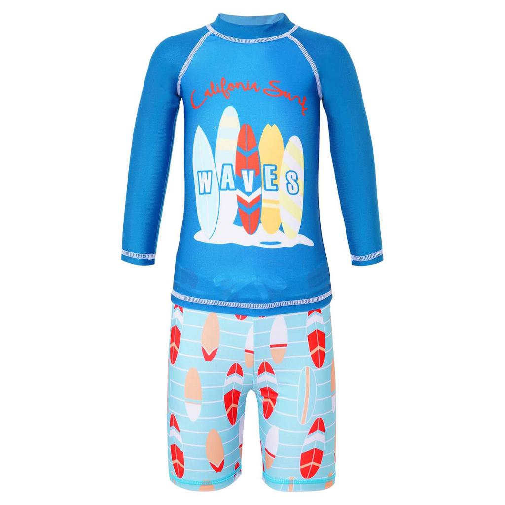 Jungen Zweiteiliges Schwimmset Langarm Cartoon Hai Print Oberteil Badeshorts Wellen Design Strand Badeanzug