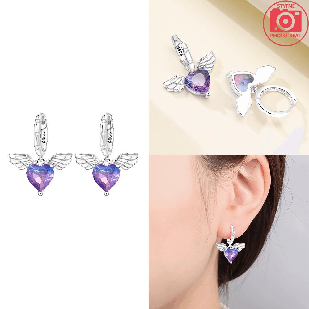 925 Silver White Heart Zircon Earring Pink Heart Wings for Women's Earrings Anniversary Jewelry Delicate Fine Gift