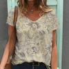 Women Print V Neck Short Sleeve Casual Loose Tunic Tops