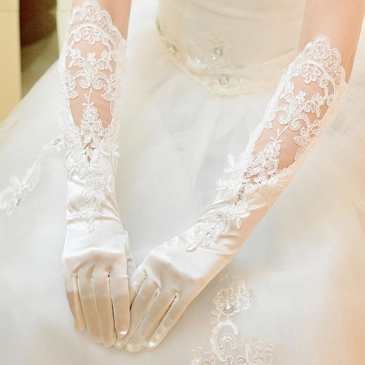 Long White Satin Gloves with Lace Embroidery, Bridal Elbow-Length Gloves for Wedding L белый