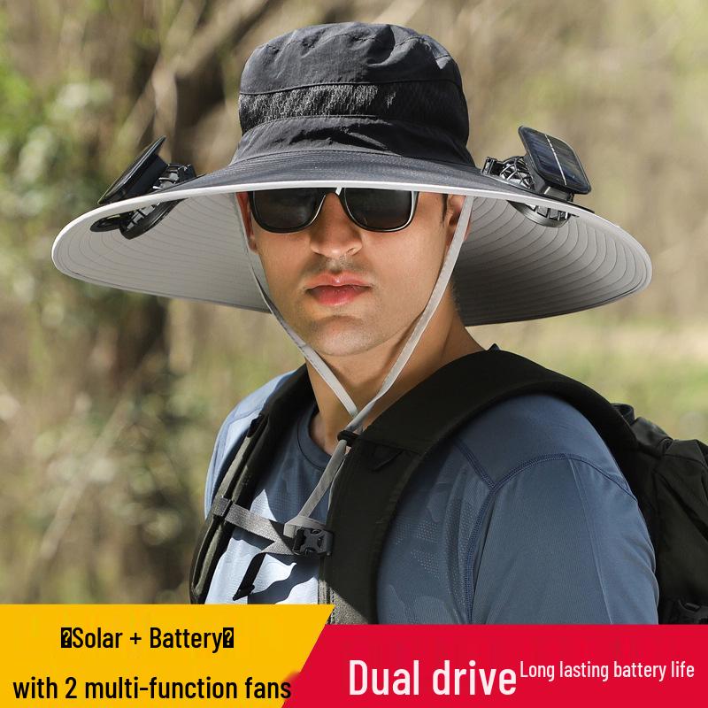 Men's Summer Outdoor Cooling Fan Hat - High Wind Power Sun Protection for Hiking, Fishing, and Mountaineering. Lightweight Fisherman Style.