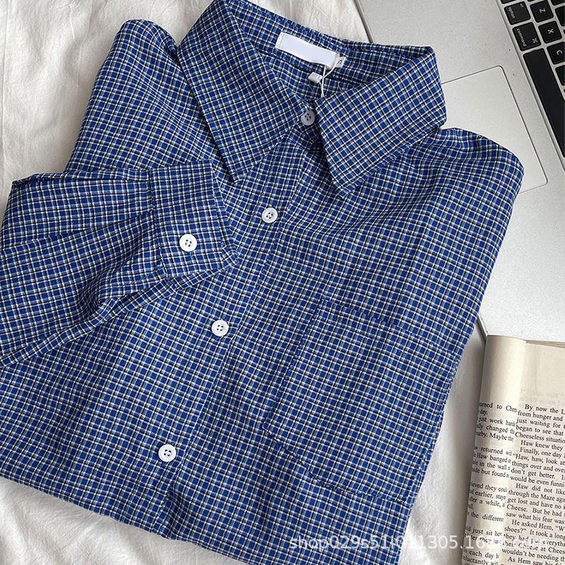 Women's American Retro Blue Plaid Shirt - Korean Style, Slimming, Loose Fit, Sun Protection, for Spring & Autumn.
