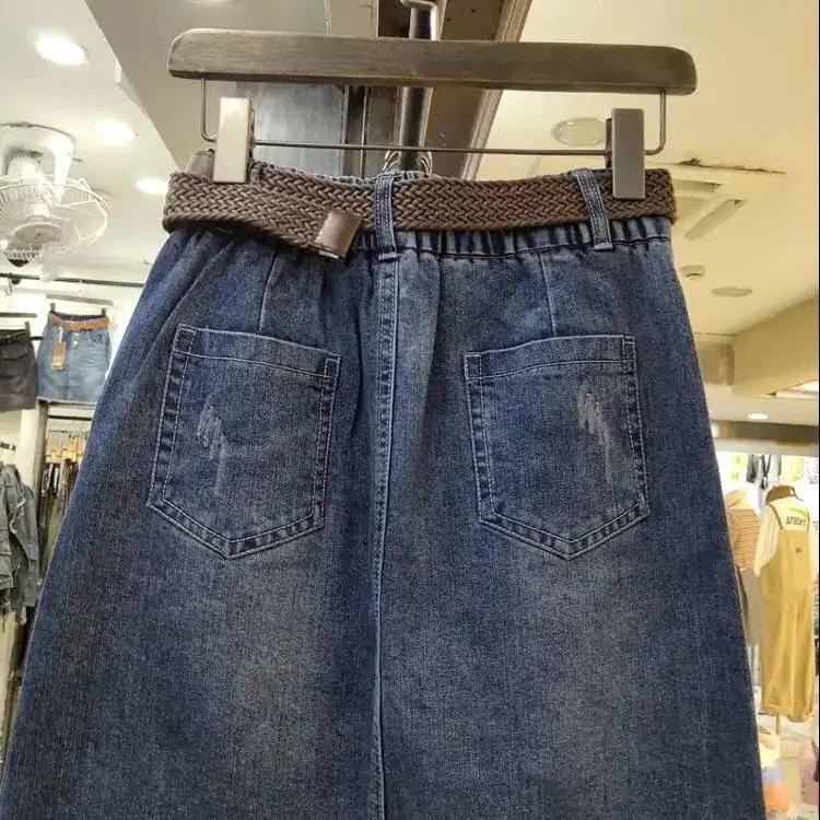 Women's Spring/Summer Denim Skirt: Belly-Covering, Slimming, Slit, Elastic Waist, Denim A-Line Skirt