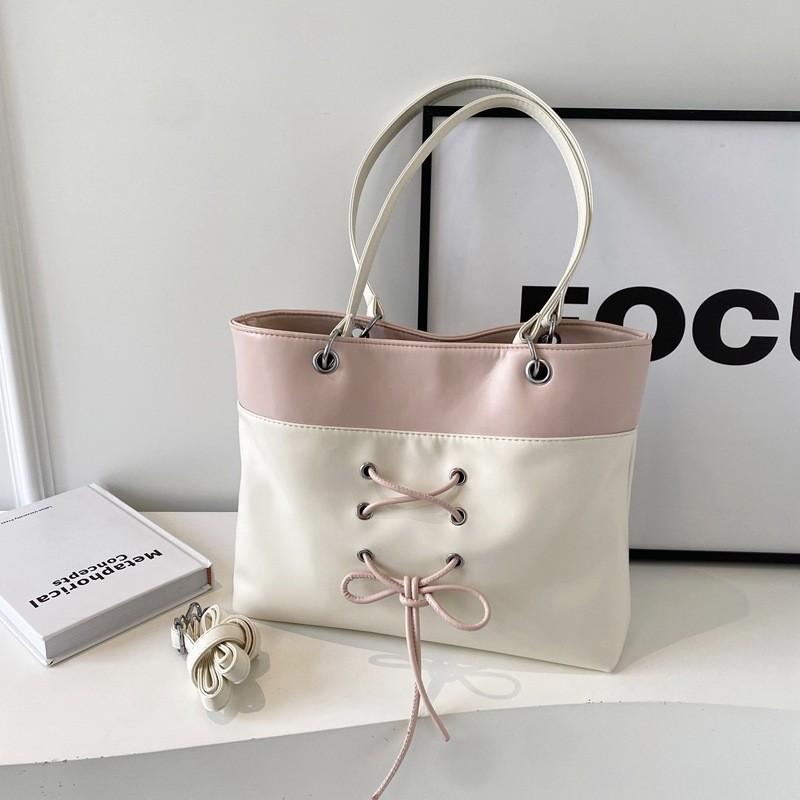 Stylish Urban Minimalist Pu Material Large Tote Bag With Weave And Color Block Elements белый