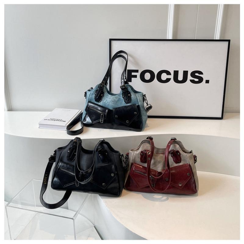 Vintage Euro-American Large Capacity Shoulder Bag New Crossbody Bag Patchwork Women Bag Minimalist Soft Leather Tote Bag