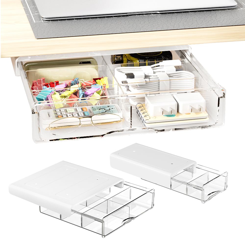 

Hanakaze Add-On Drawer Under-Desk Storage Boxes [Set of 2] - Convenient Under-Desk Storage, Dividers, Strong Adhesive, No Drilling Required, Easy