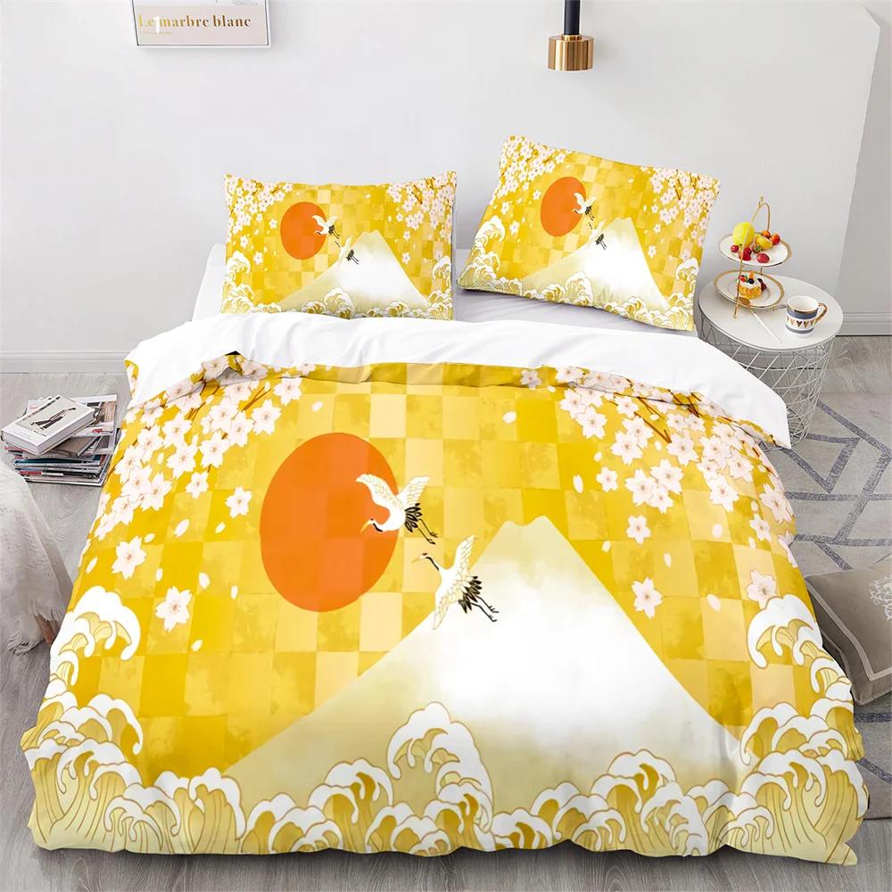უკიიო-ე იაპონური სტილის საბნის პირსაცმის ნაკრები პოლიესტერის საწოლის თეთრეულის ნაკრები საკურას ყვავილებით, თოვლიანი მთით, საბნის პირი, მეფის, დედოფლის, სრული ზომა