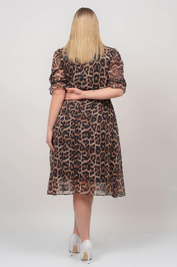 Women's Big Size Dress Double Breasted Neck Midi Length Plus Size Leopard Patterned Chiffon Dress