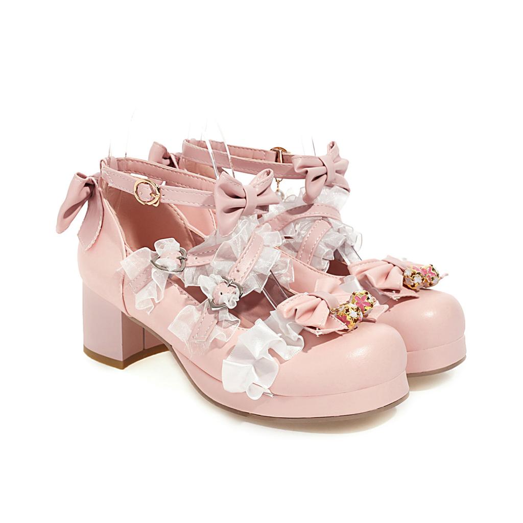 Lolita Shoes Women High Heels Pendant Lace Straps Bow Cute Girls Princess Tea Party Pumps Students Lovely Plus Size 34-48