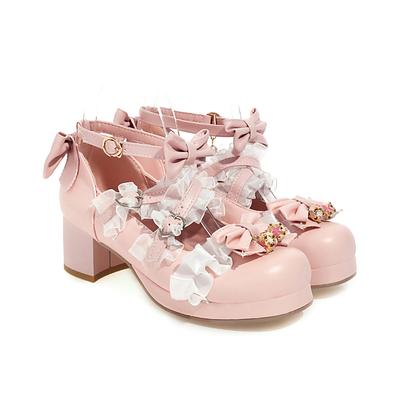 Lolita Shoes Women High Heels Pendant Lace Straps Bow Cute Girls Princess Tea Party Pumps Students Lovely Plus Size 34-48
