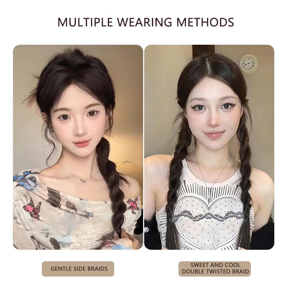 Synthetische Perücke, Pferdeschwanz, gedrehter Zopf, Perücke aus geflochtenem Haar, Perücke mit doppeltem Pferdeschwanz, geeignet für den täglichen Gebrauch.