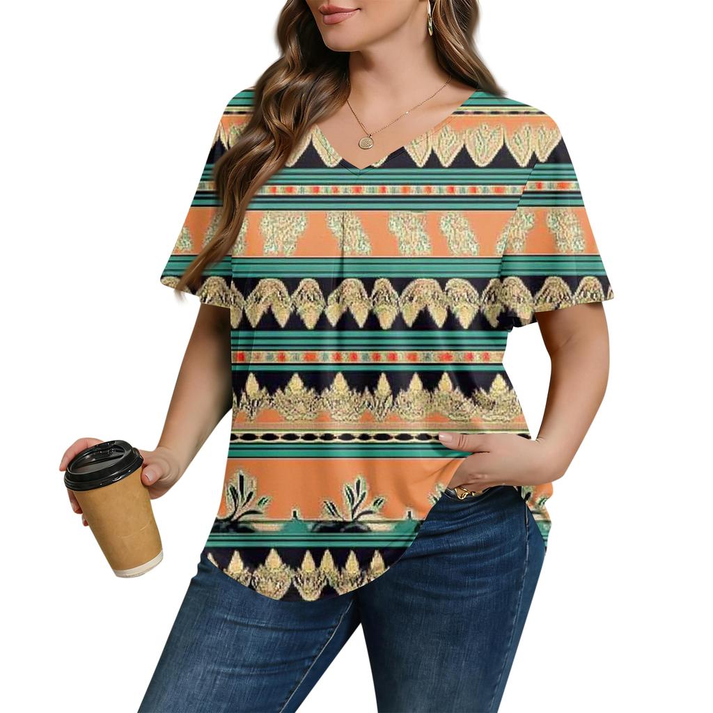 Women's Plus Size Fashionable Casual Loose-Fit Short Sleeve Elegant V Neck Blouse For Work