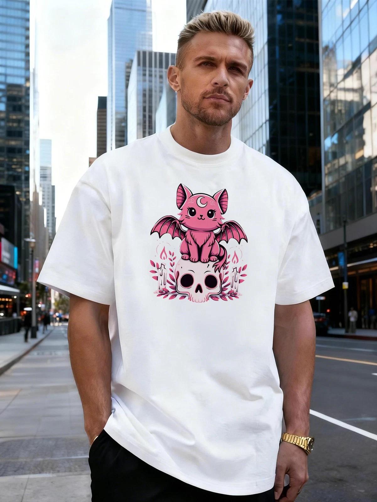 Cute Pink Bat Cat Skull Mens T-Shirt Cotton Gothic Kawaii Graphic Tee Casual Top M