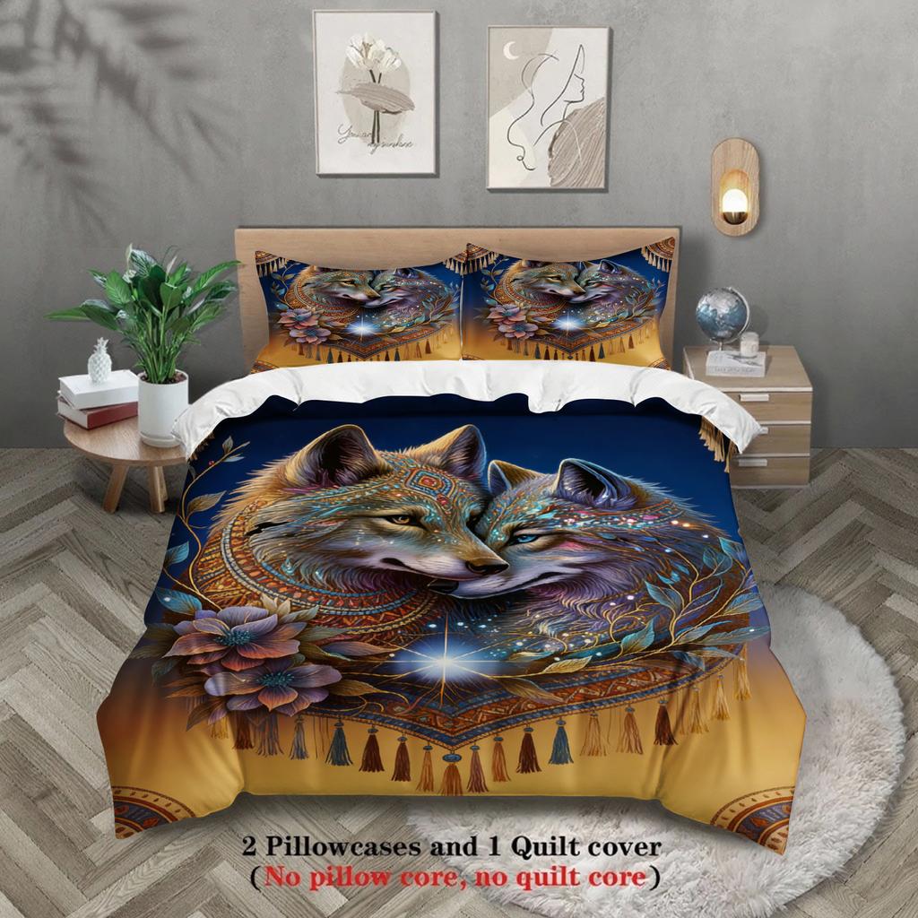 Wolf Couple Bedding Set Blue And Gold Mandala Floral Pattern Duvet Cover Pillowcases Wrinkle-Free For Bedroom Decor
