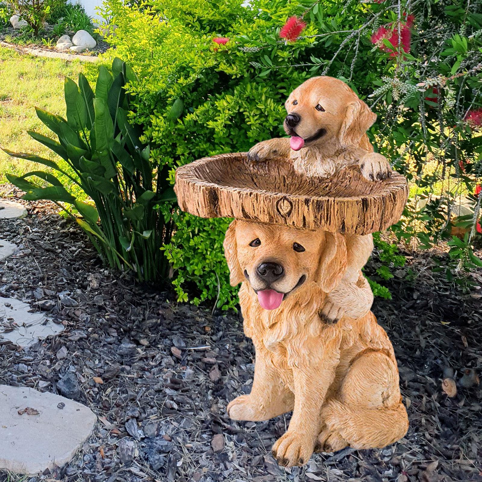 Resin Feeder Yard Patio Dog Statue Figurine Garden Bird Bath Bowl Animal Sculpture for Balcony Outdoor Courtyard Lawn Railing giallo
