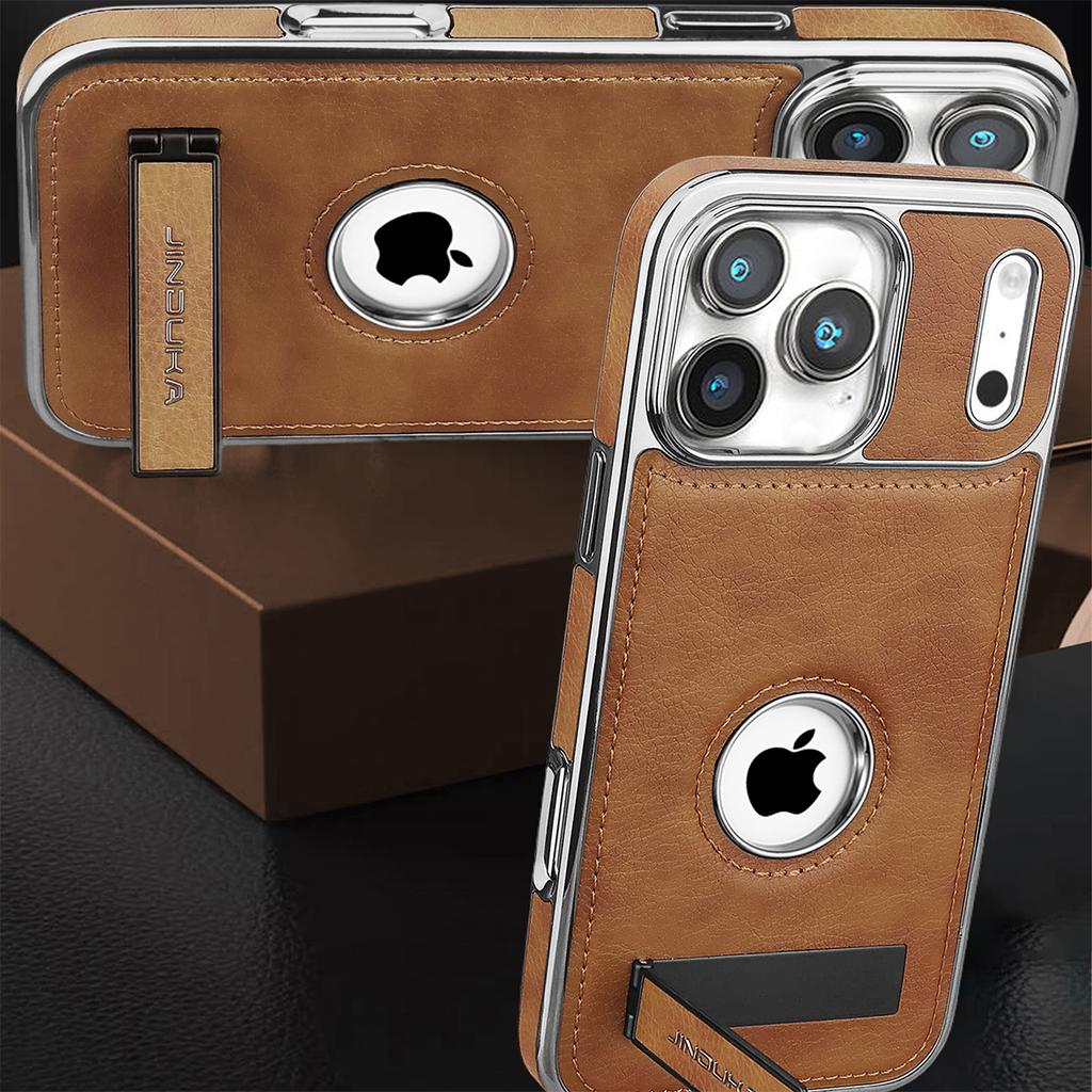 Retro PU Leather Phone Case For iPhone 17 Air 16 Pro Max 15 14 Plus 13 12 11 Logo Visible Design With Stand Holder Back Cover