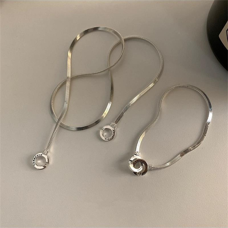 Interlocking Snake Bone Necklace & Bracelet for Women - Minimalist Style with Double Ring Clavicle Chain