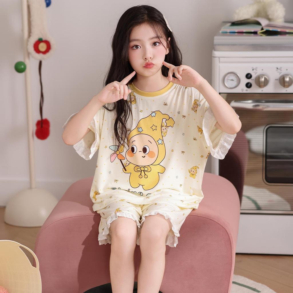 2026 New Summer Girls' Ultra-Thin Modal Pajamas Set: Short Sleeve Airy Comfort Suit for Medium and Large Kids