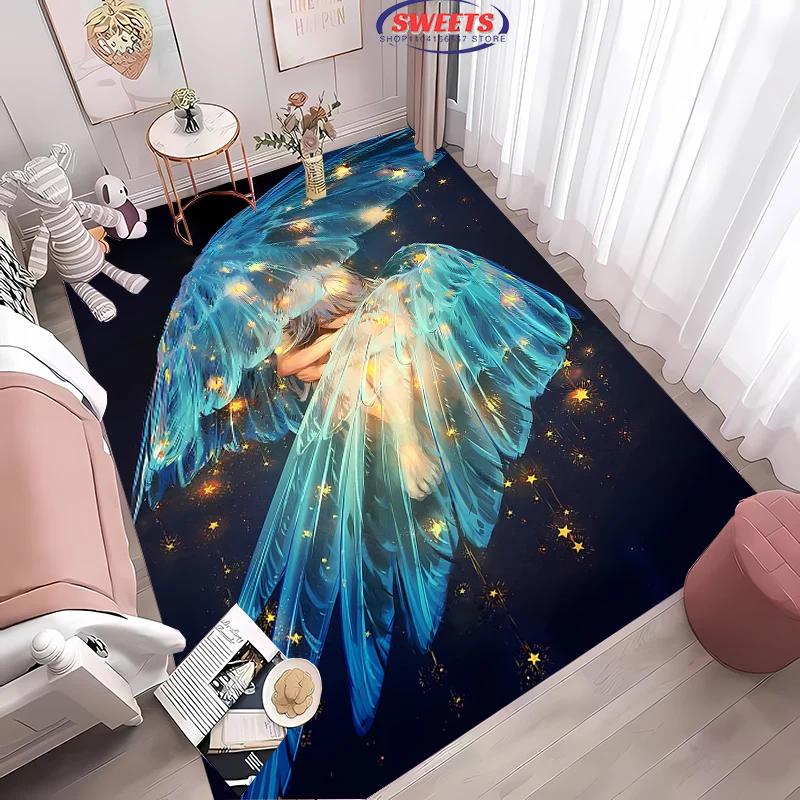 3D-tryckt matta med änglavingar, val för vardagsrum, sovrum, kontorsområde, barnrum, slitstark, halkfri, maskintvättbar matta