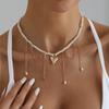 Charm Temperament Baroque Pearl Beaded Choker Gold Color Heart Pendant Pearl Tassel Chain Necklace for Women Women Party Jewelry