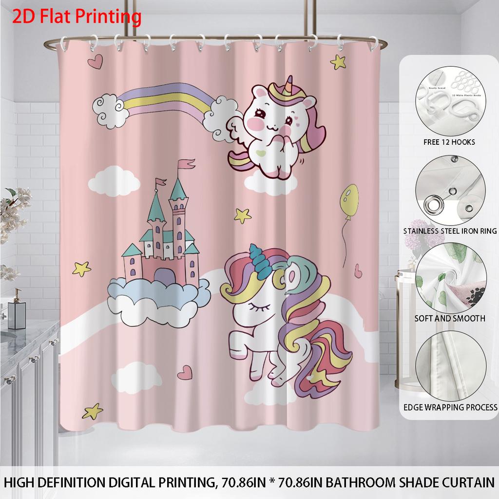 1Pc Pink Dreamy Unicorn Print Waterproof Shower Curtain Partition Privacy Hanging Curtain, With 12 Hooks, Multiple Sizes