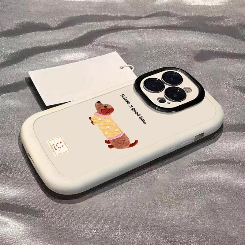 Applicable To Apple 16promax Mobile Phone Case Cute Dachshund Dog Painted Iphone15plus Puff 14 Cartoon 13