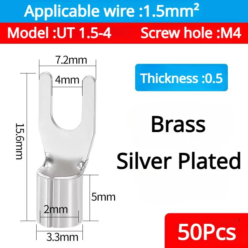 50PCS UT1.5 -10 Non-Insulated Ring Fork U-Type Terminal Tin-Plated Copper Terminals Assortment Kit Cable Wire Connector Crimp