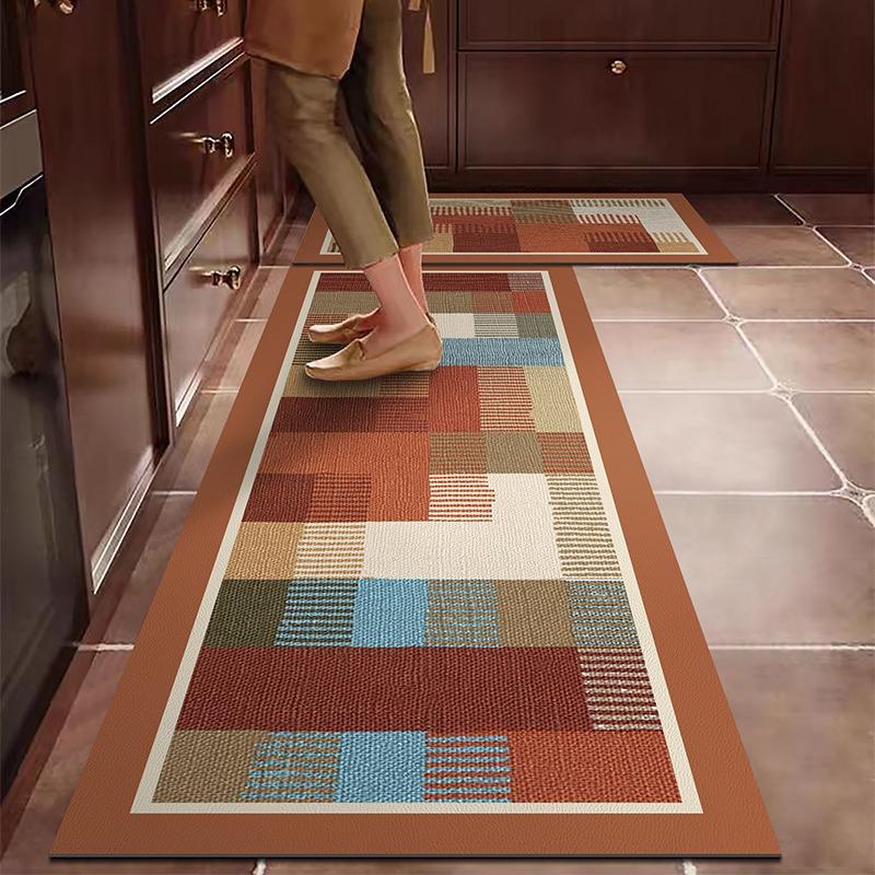 PVC Kitchen Carpet Waterproof Leather Floor Mat Oil-proof Non-slip Long Foot Mats Color Stripes Ethnic Style Home Decoration Rug