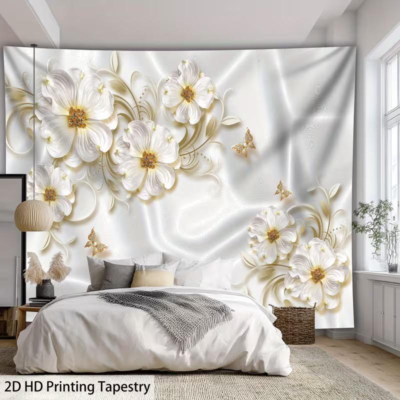 2D Elegant Flower Tapestry Embossed Style White Floral with Golden Accents Wall Hanging