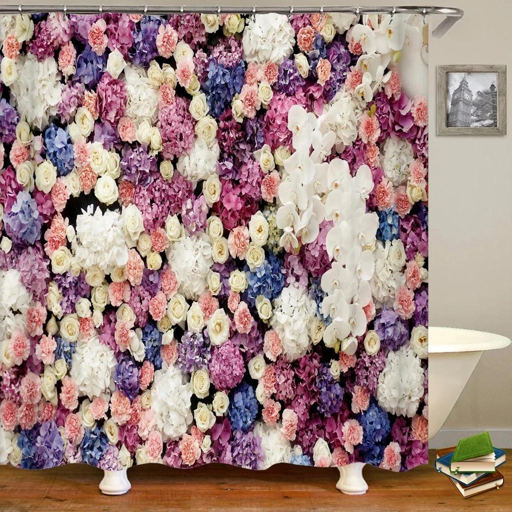 Romantic Rose Garden Print Water-resistant Shower Curtain with Lush Floral Design for Romantic and Serene Bathroom Decor