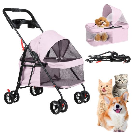 4 Wheels Folding Pet Stroller with Cup Holder, Breathable Mesh for Small Dogs and Cats, 7.5kg Capacity