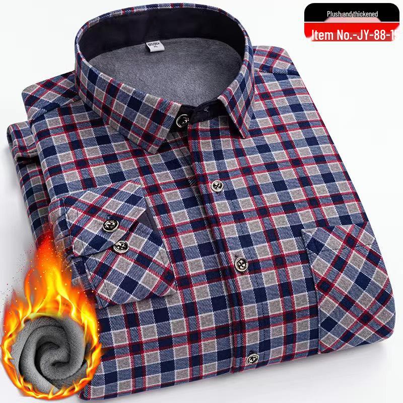 Men's Winter Fleece-Lined Plaid Shirt - Warm, Long-Sleeved Business Casual for Middle-Aged & Elderly, Plus Size Available