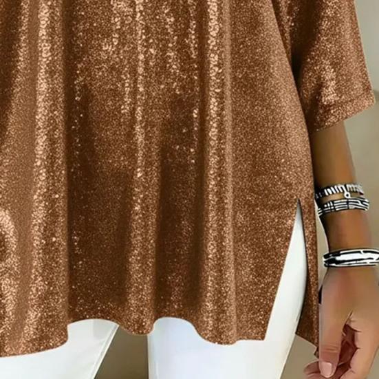 Women Tops V-Neck 3/4 Sleeves Loose Fit Pullover Tops Solid Color Loose Fit Glossy Design Casual Tops Women Clothing