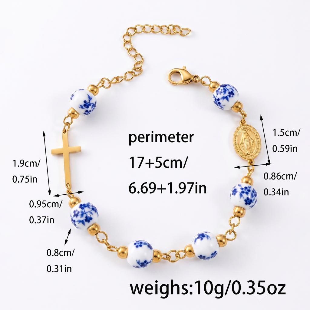 Stainless Steel Virgin Mary Cross Bracelet Floral Ceramic Beads Catholic Miraculous Medal Jewelry