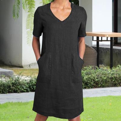 Yousheng Women's Cotton Linen Shirt Dress Summer Short Sleeve V Neck Midi Dress Casual Shift Dress with Pockets