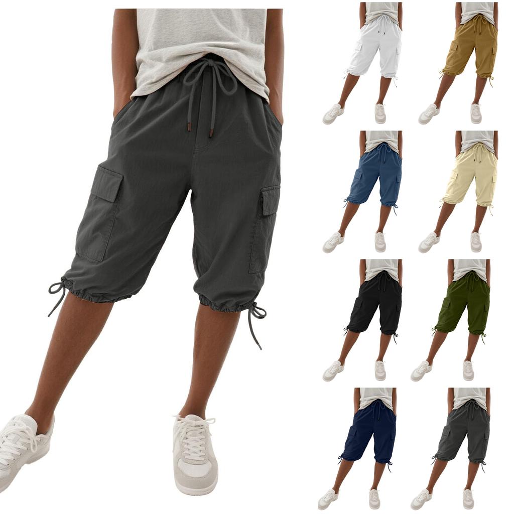 Womens Shorts Knee Length Linen Elastic Waist Drawstring Shorts Summer Pants With Pockets
