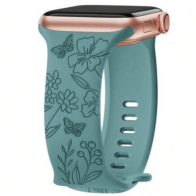 Bracelet for Apple Watch Series Ultra 1/2/3, 11 10 9 8 SE 7 6 5 4 3 2 1 42mm-44mm-45mm-46mm-49mm Silicone Butterfly Flower Green