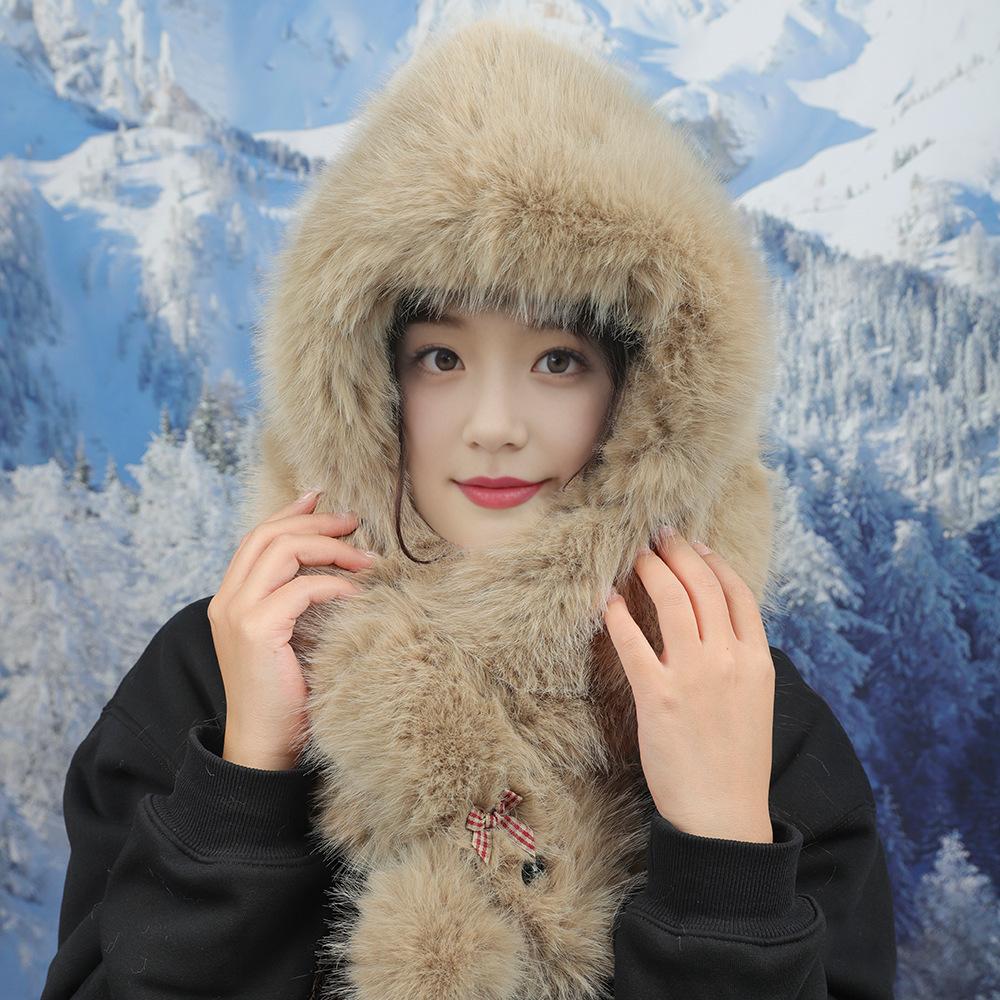 

Милая шапка и шарф с медведем для женщин на зиму, теплые и универсальные, ветрозащитные, плюшевые, утолщенные, плюшевый шарф, шапка Лэй Фэн One size